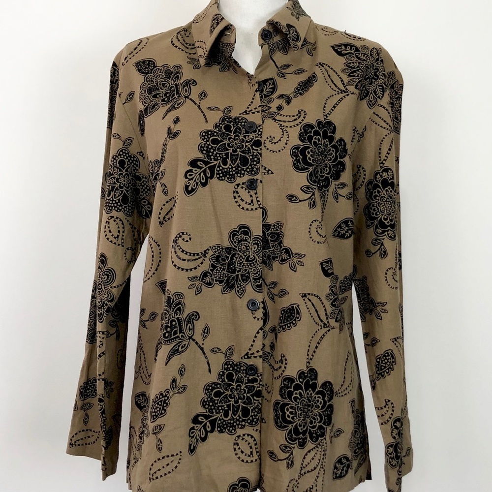 Coldwater Creek Khaki Linen Floral Print Blouse